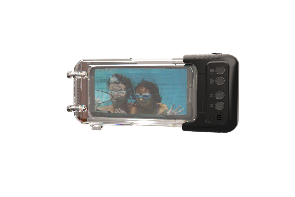 Waterproof phone case with clear enclosure and side controls, mounted on a drone