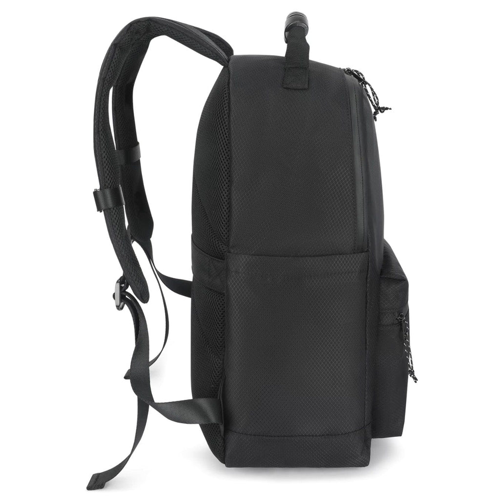 Black fabric backpack with padded shoulder straps and side zipper pocket detail