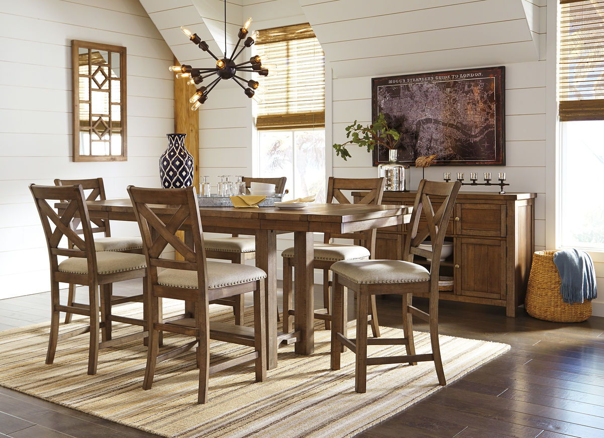 Dark brown counter-height dining table set with upholstered bar stools and server cabinet
