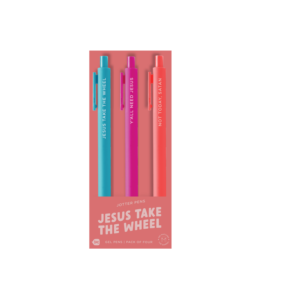 Jotter pen set (3-pack) with teal, magenta, and coral gel pens in a retail box