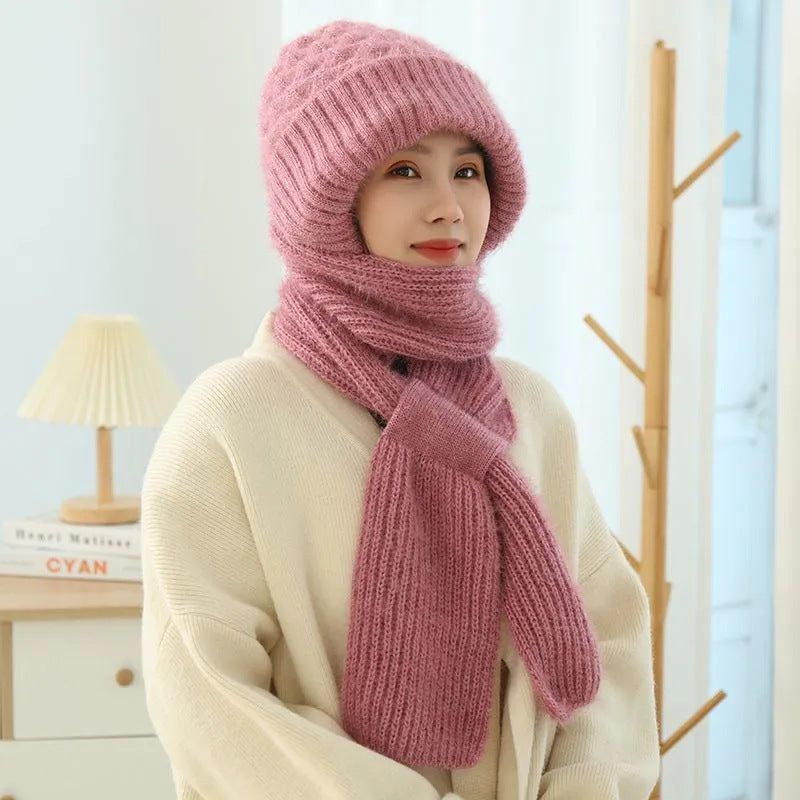 Women’s knit winter hat and scarf set with hood, soft rose pink