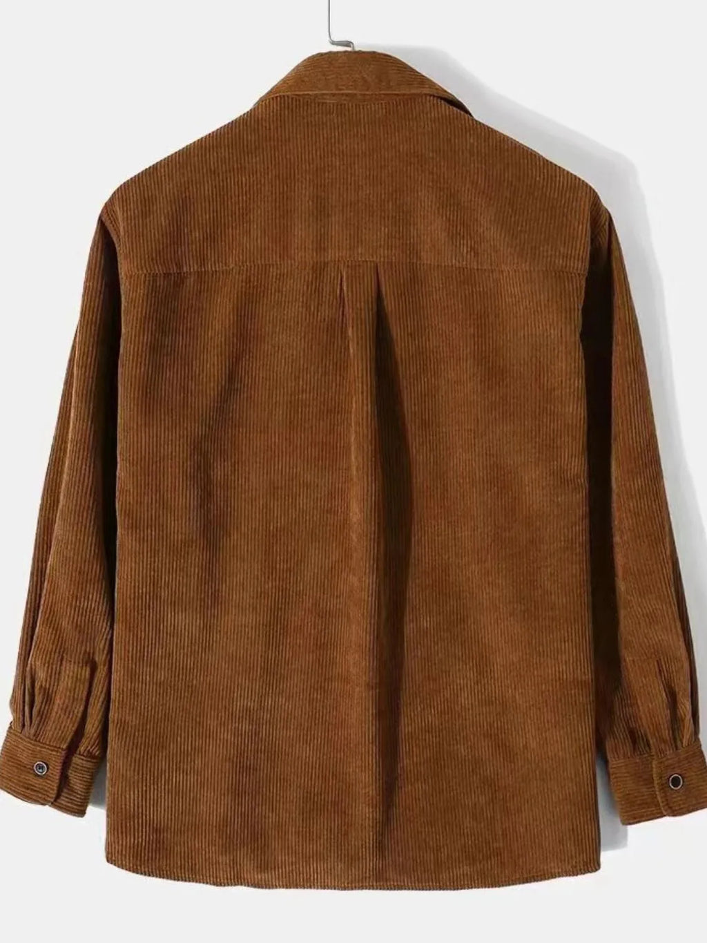 Men's brown corduroy button-up long-sleeve shirt, back view