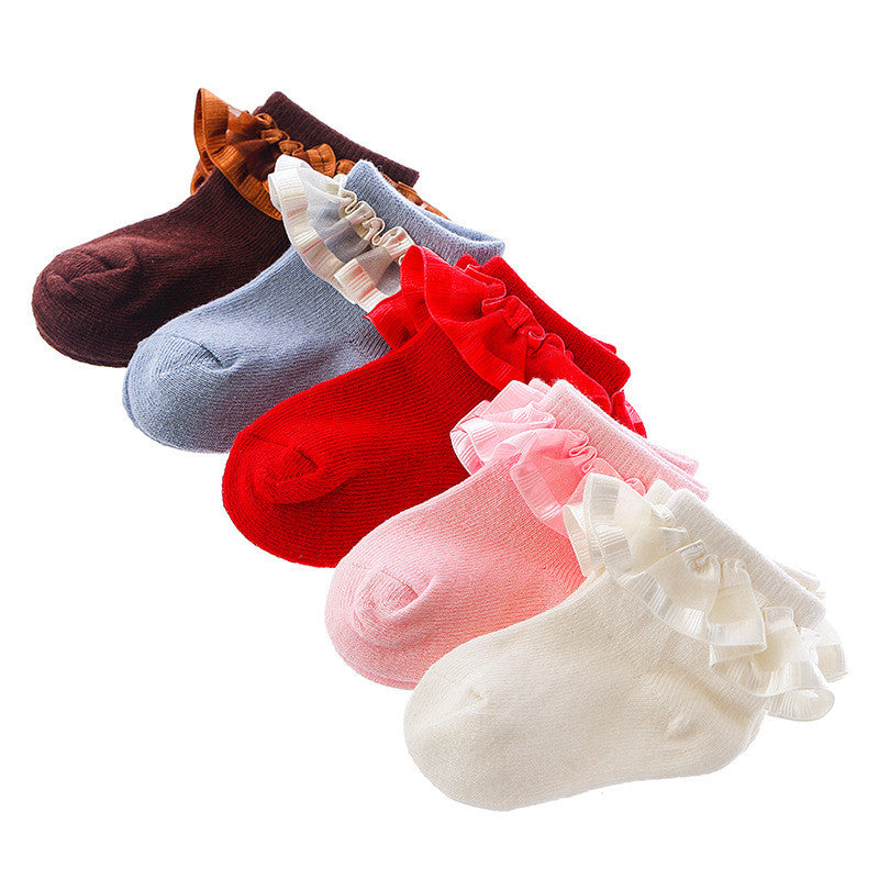Baby lace ruffle cuff sock set with brown, gray, red, and white pairs