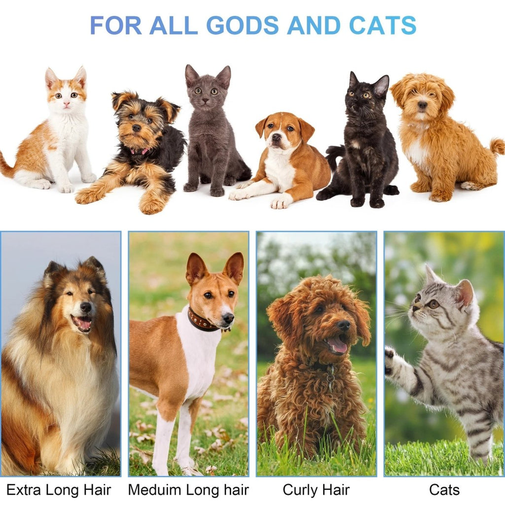 Pet grooming kit shown for use with dogs and cats of varied coat types