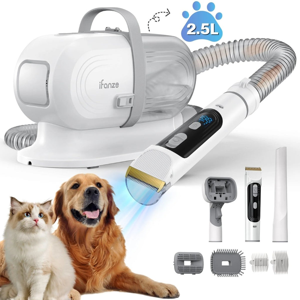 White pet grooming vacuum kit with hose, clipper, brush attachments and nozzle