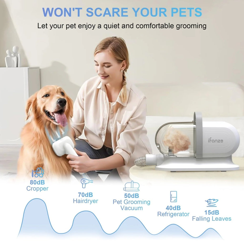 White pet grooming vacuum kit with hose, grooming tool, and clear hair collection chamber.