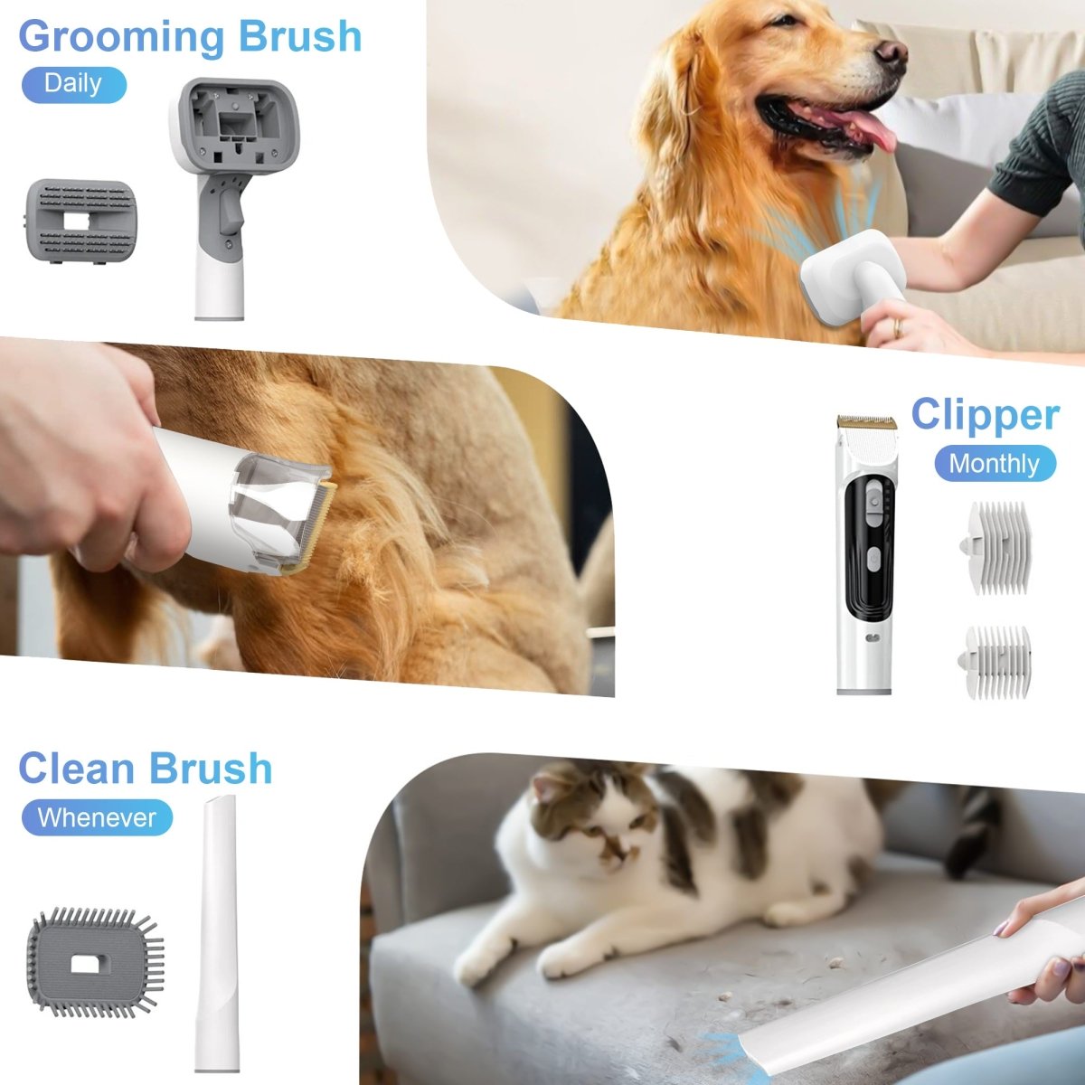 Pet vacuum grooming brush and clipper attachments shown in use on a dog and cat