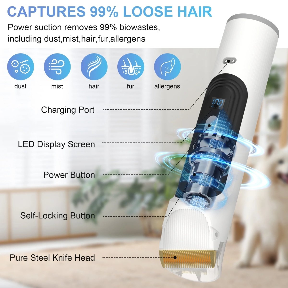 Close-up of clipper head with steel blade, display, charging port and power controls