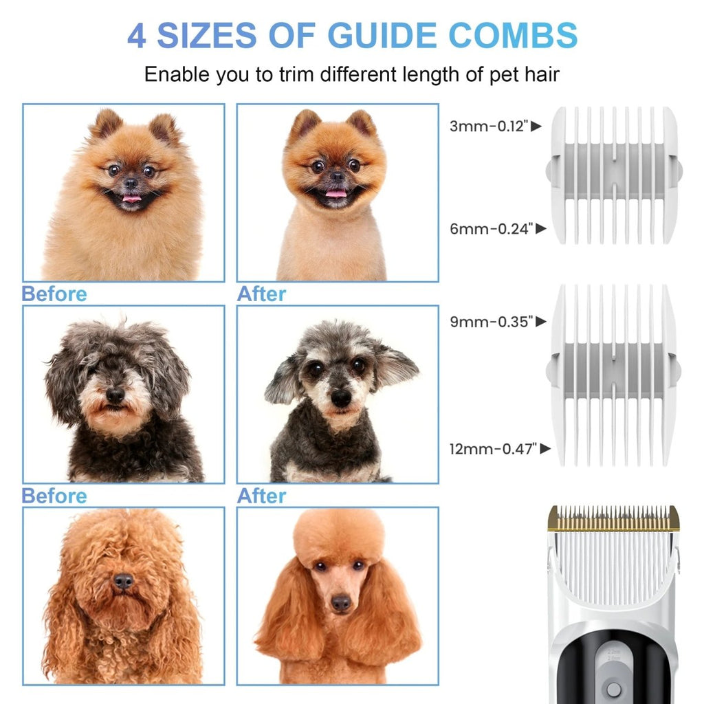 Four guide comb attachments and clipper for trimming pet hair to different lengths