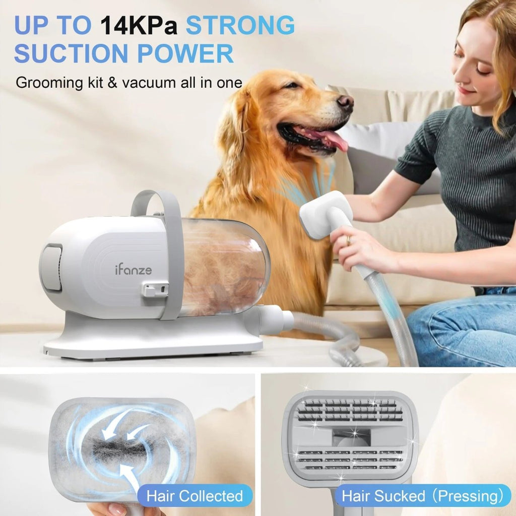 Pet grooming vacuum collecting loose hair through a hose during dog grooming
