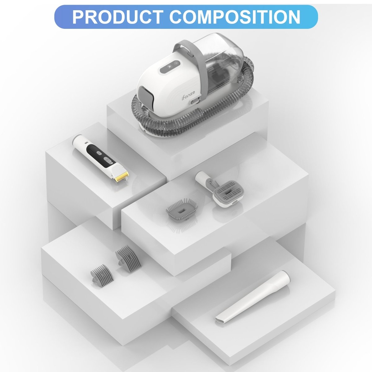 Pet grooming vacuum kit components with clipper, guide combs, brush heads and nozzle