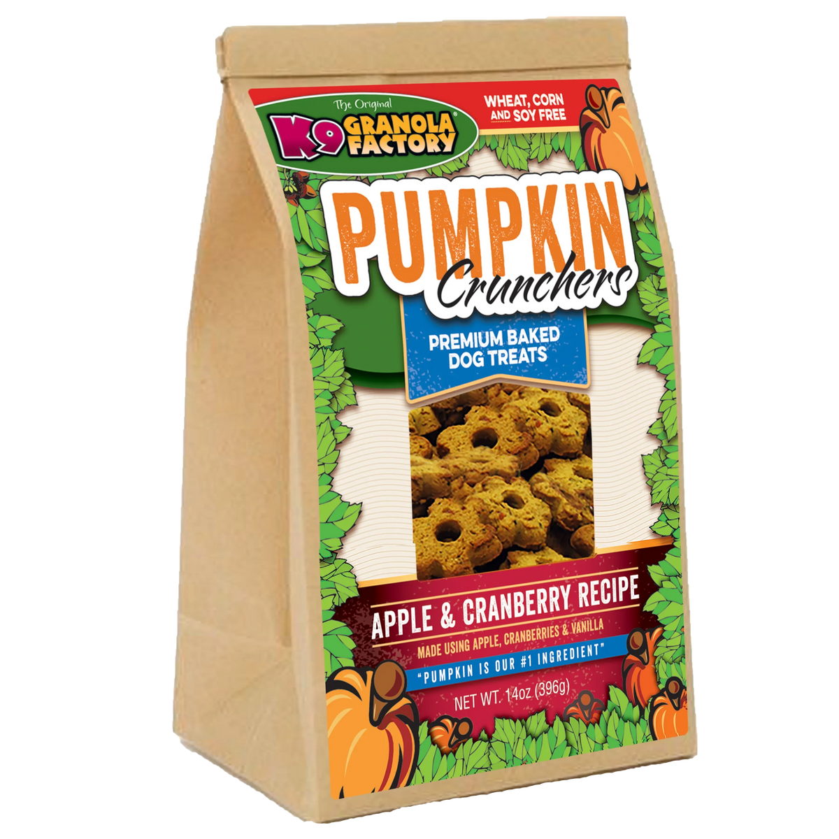 K9 Granola Factory Pumpkin Crunchers dog treat bag, apple & cranberry recipe