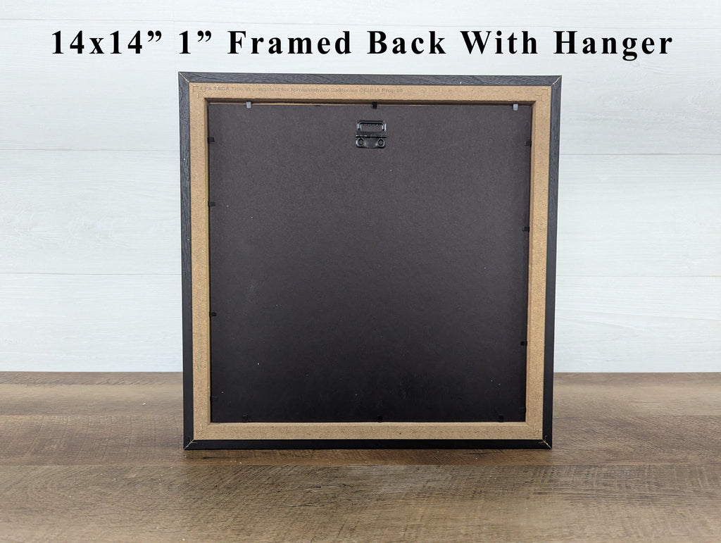 Natural wood framed wall art, 14x14 in with hanging hardware on black back