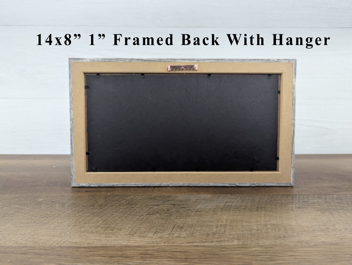 14x8 framed wall art back with hanging hardware, light wood frame and dark backing