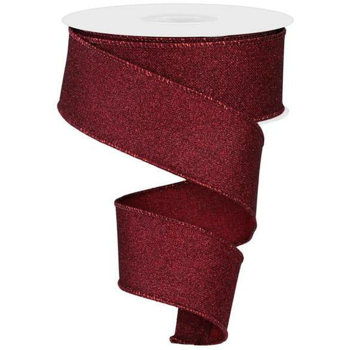 Burgundy glitter ribbon on spool with wide folded ribbon loops