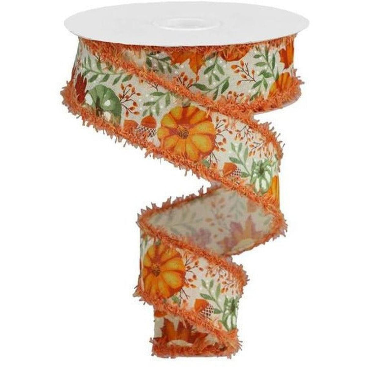 Pumpkin foliage drift ribbon spool, orange and green printed ribbon with fringe edges