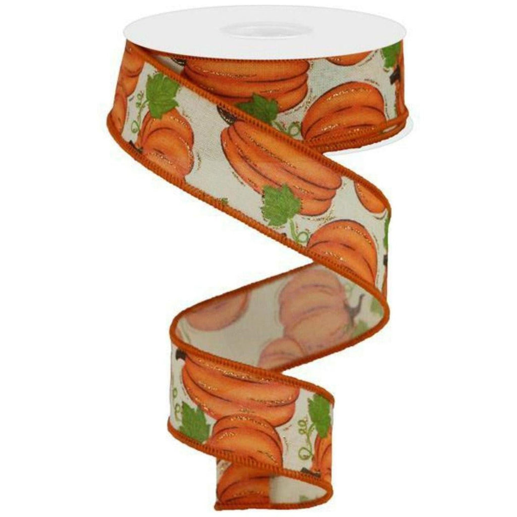 Pumpkin patch ribbon spool, 1.5 in light beige with orange pumpkin and green leaf print