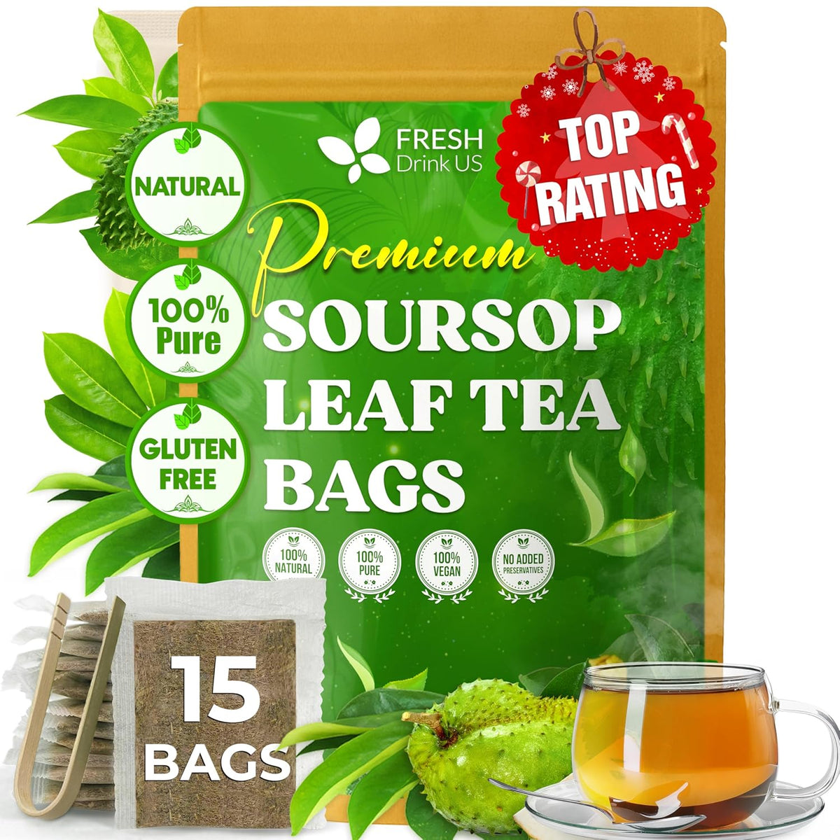 Premium soursop leaf tea bags pouch, 15 bags; gluten-free, top rating