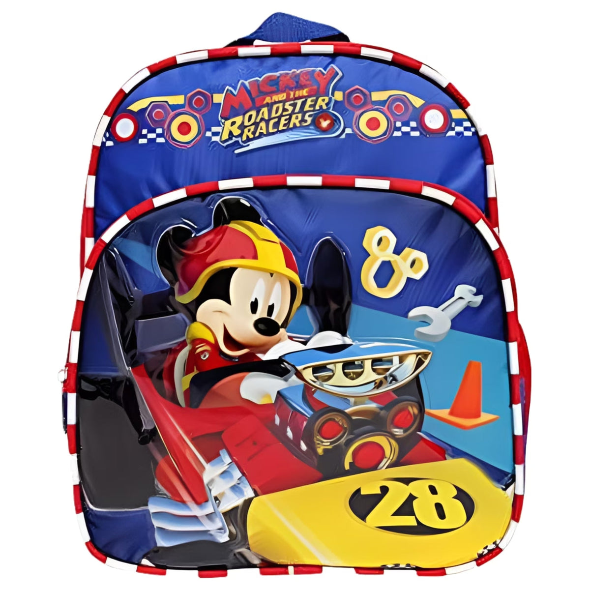 Blue mini backpack with Mickey Roadster Racers graphic and top zipper pocket