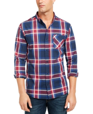Men's plaid button-down shirt with chest pocket, long sleeves, red blue and white