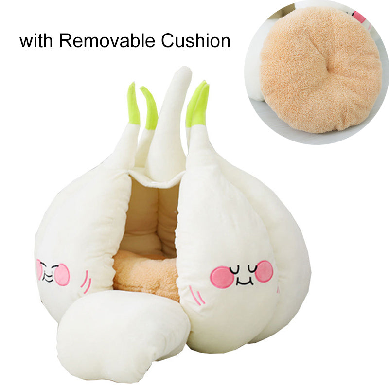 White pet cave tent bed with removable inner cushion and plush sleeping opening