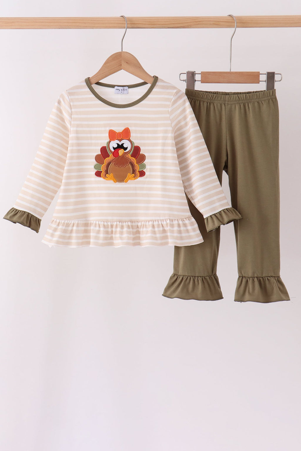 Turkey applique striped ruffle top and olive ruffle hem pants set