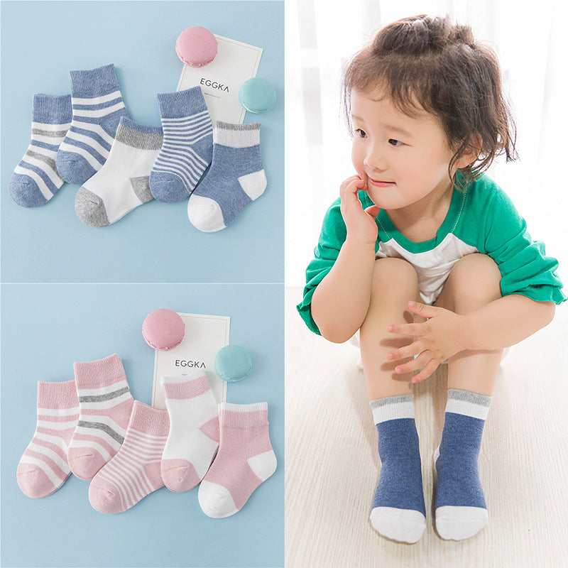Children's winter cotton striped socks in blue, white, and gray with ribbed cuffs