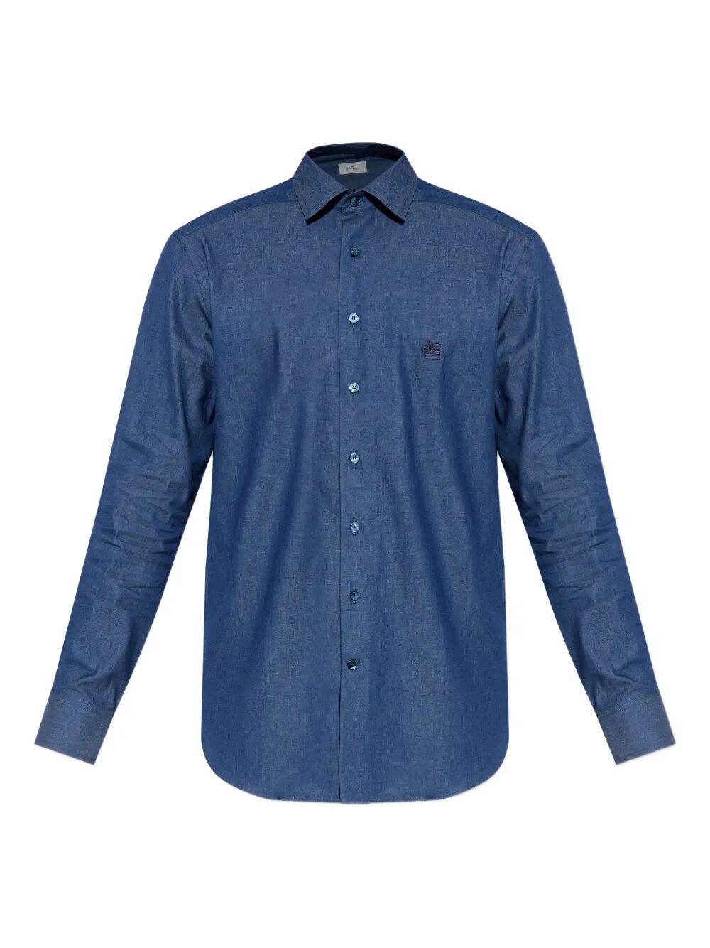 Blue cotton button-down shirt with embroidered logo on chest, long sleeves