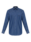 Blue cotton button-down shirt with embroidered logo on chest, long sleeves