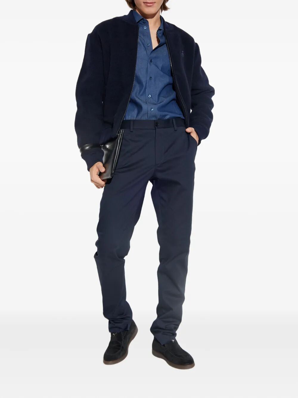 Blue cotton button-down shirt with long sleeves and button-front placket