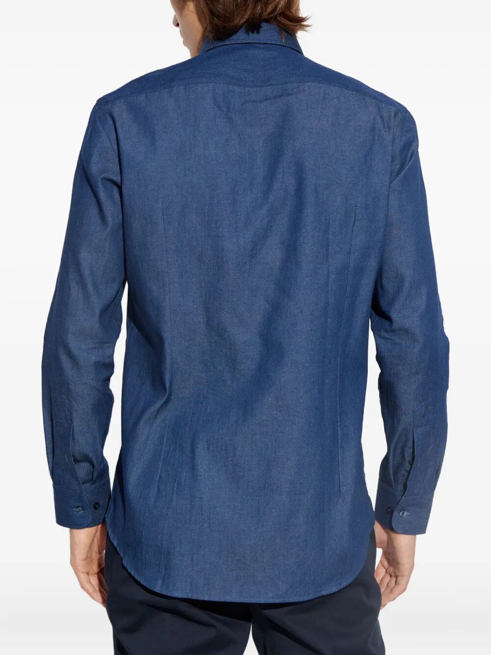 Blue cotton button-down shirt back view with long sleeves and buttoned cuffs