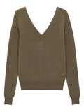 Women’s cashmere V-neck sweater, olive green, long sleeves