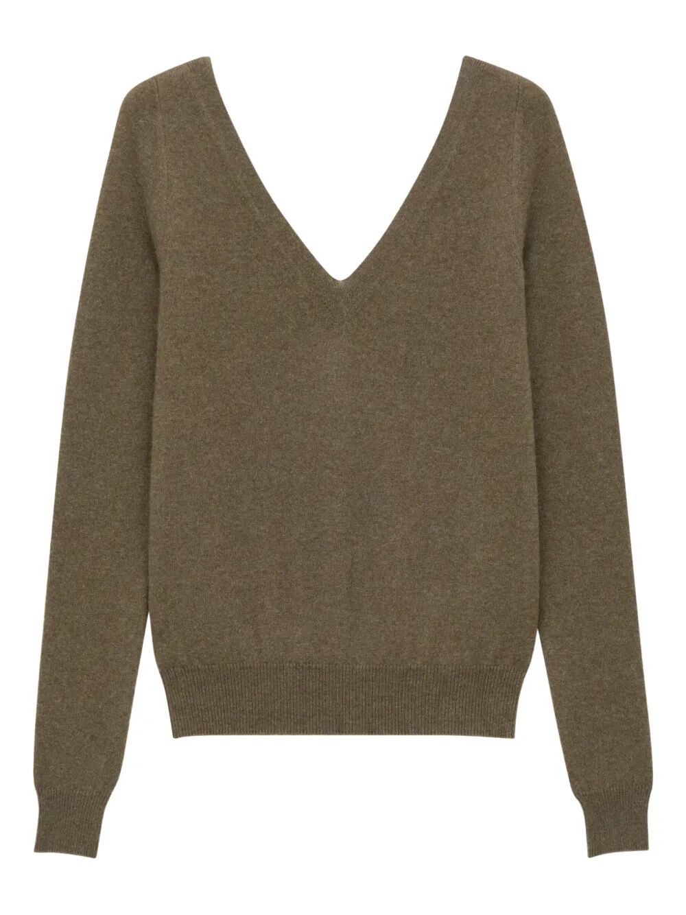 Women’s cashmere V-neck sweater, olive green, long sleeves