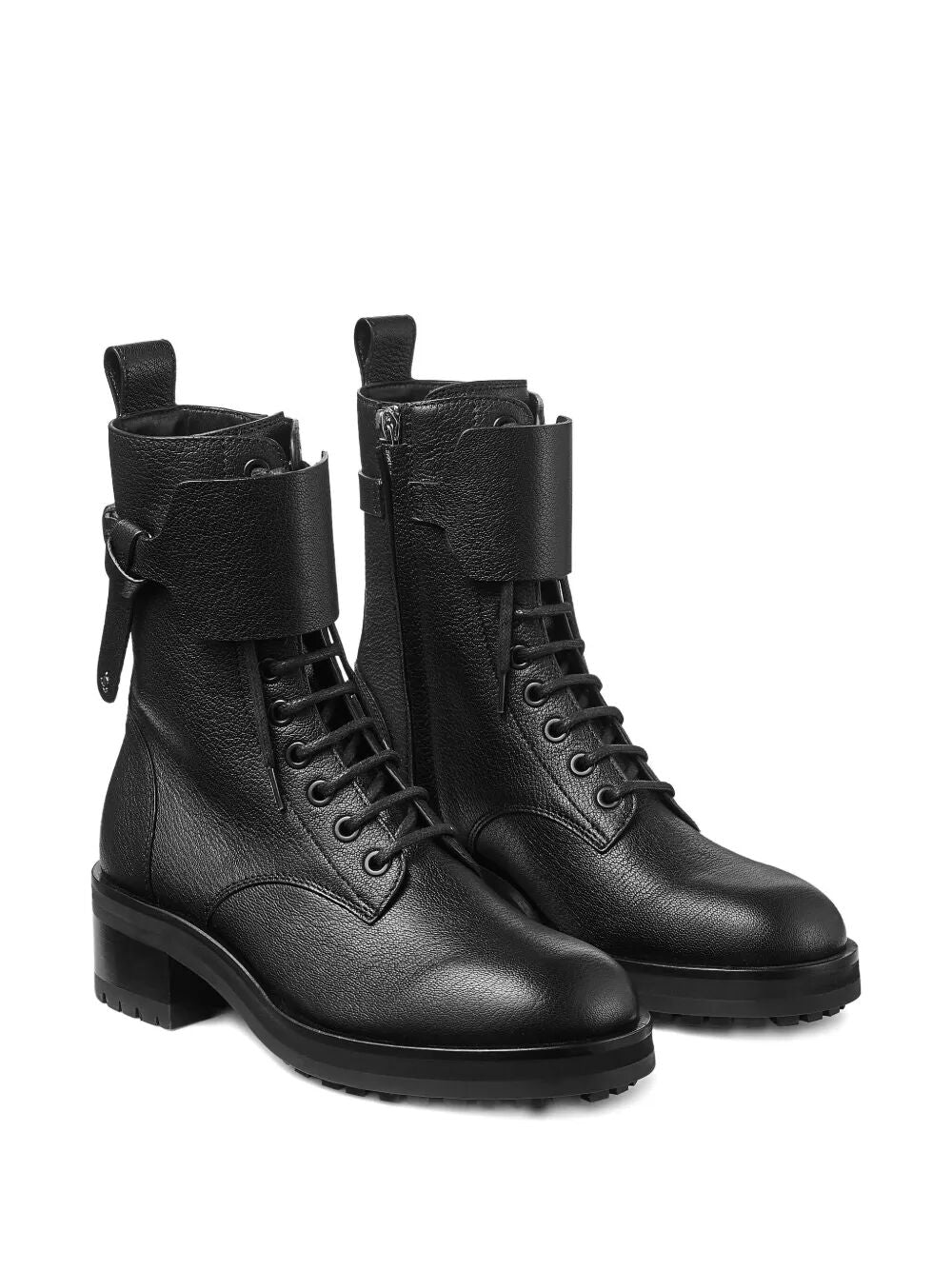 Pair of black leather lace-up combat boots with cuff and padded tongue