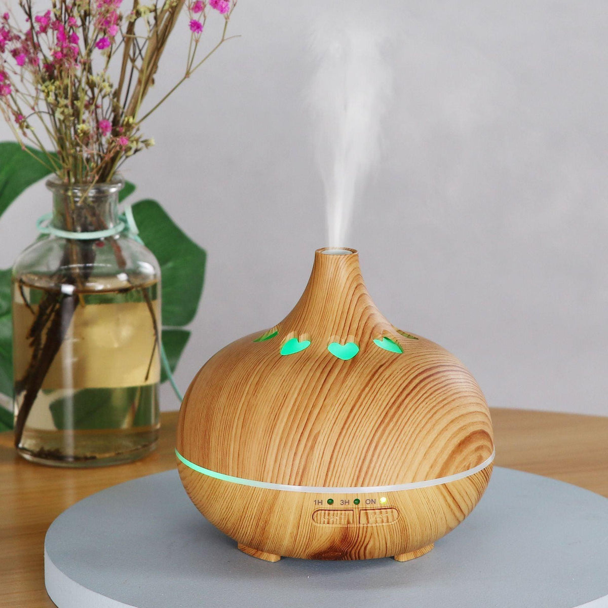 Wood-grain aromatherapy diffuser with green heart LED mist lights