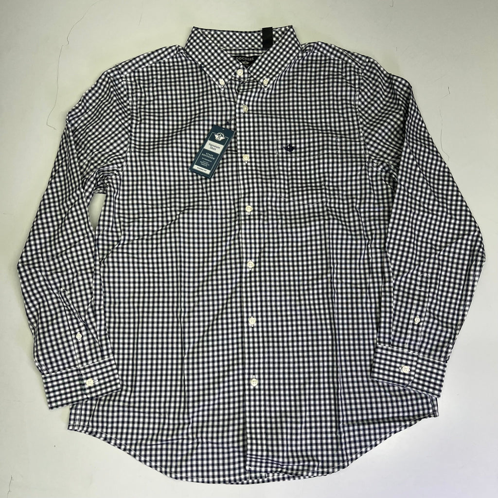 Men's button-up shirt, navy and white checkered pattern, button front and collar