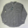 Men's button-up shirt, navy and white checkered pattern, button front and collar