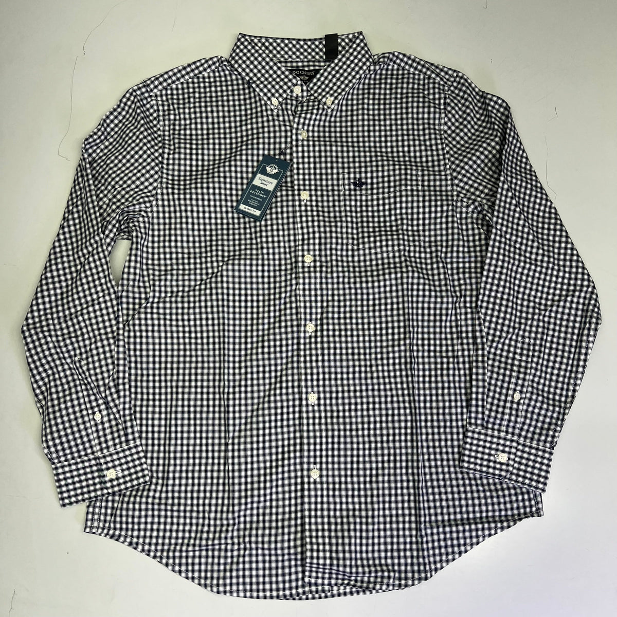 Men's button-up shirt, navy and white checkered pattern, button front and collar