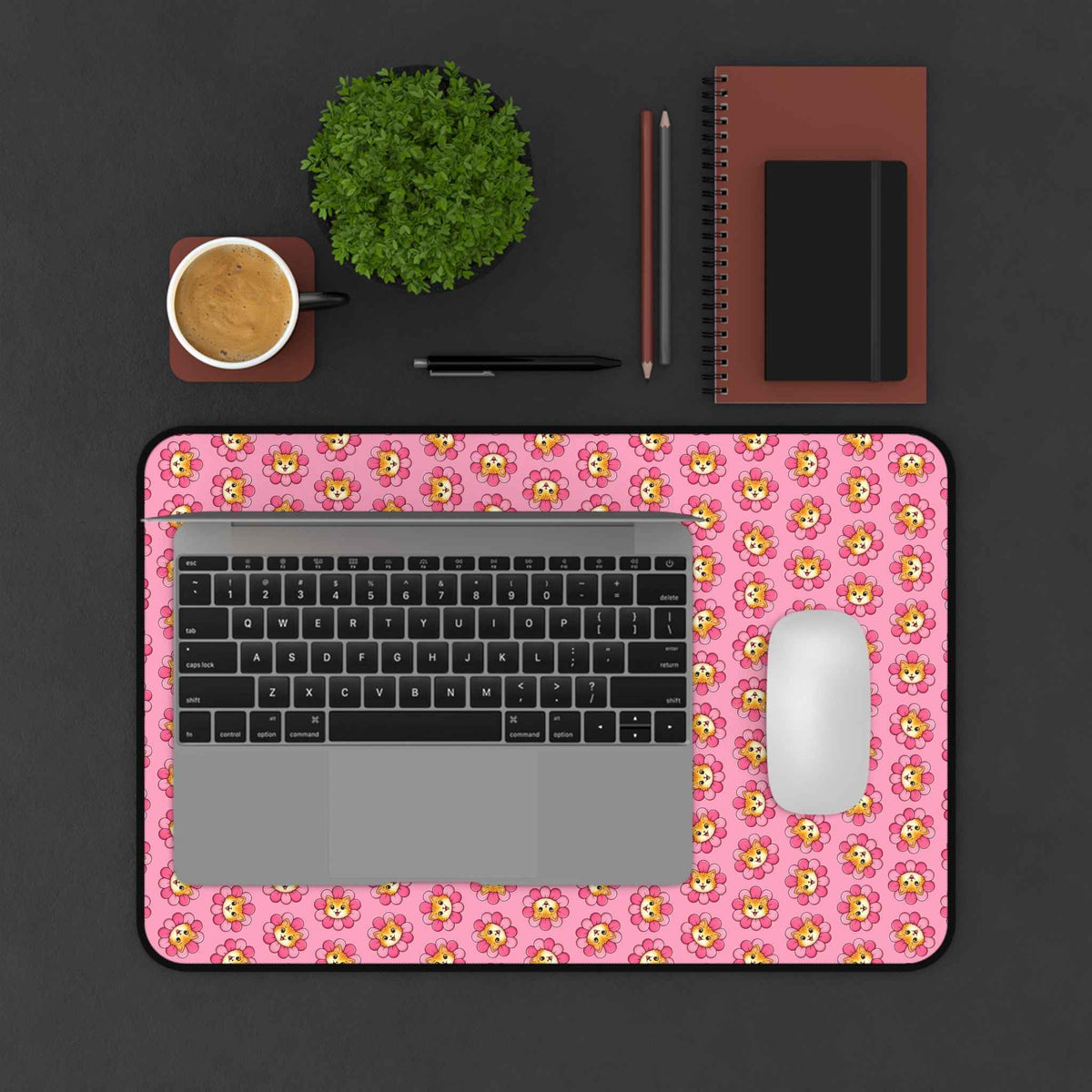 Cat-pattern desk mat featuring pink background, black outline, and mouse area cutout