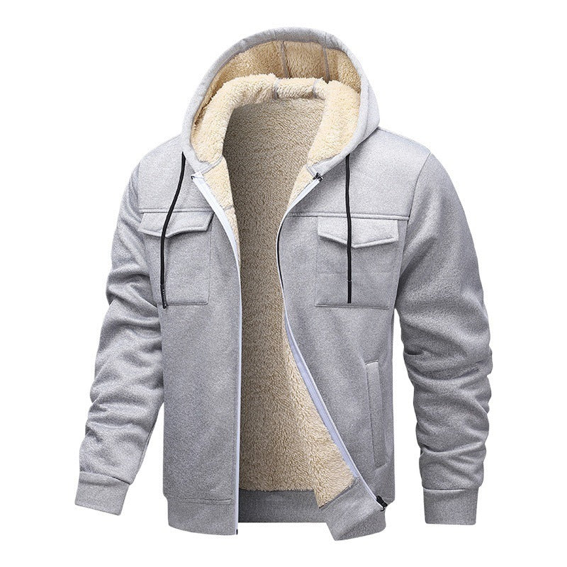 Light gray zip-up winter coat with tan sherpa hood lining and front zipper