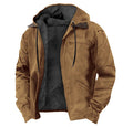 Padded hooded jacket in tan/brown with drawstring, dark lining, front zipper pocket.
