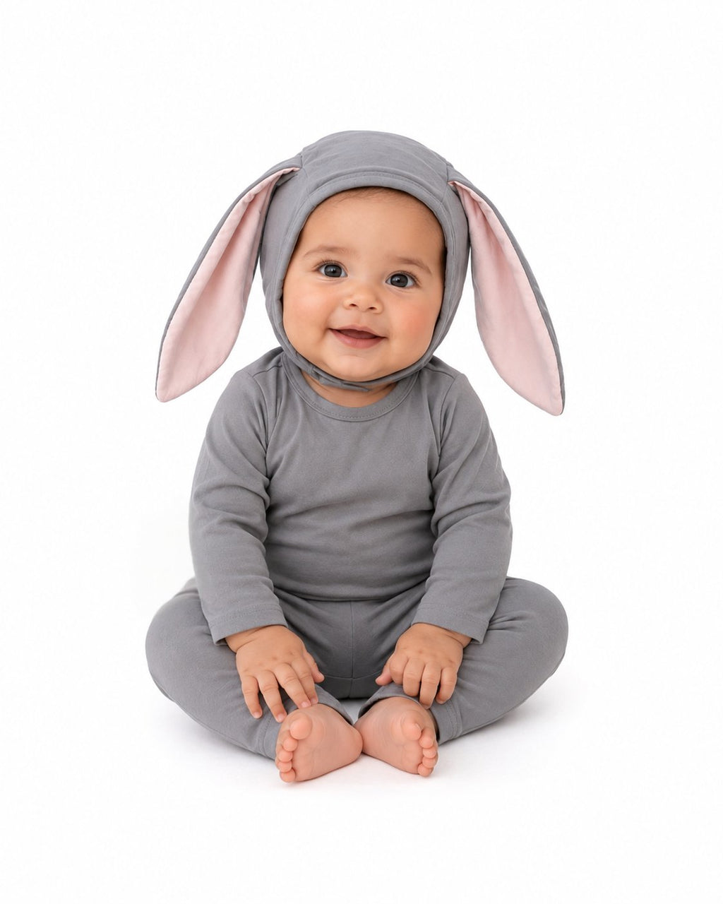 Grey bunny hooded baby pajama set with pink-lined ears