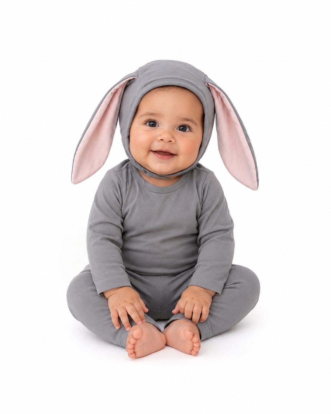 Grey bunny hooded baby pajama set with pink-lined ears