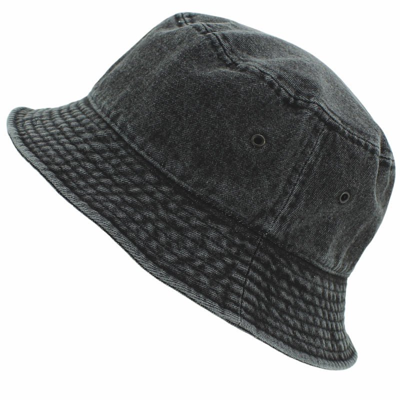 Dark blue denim bucket hat with stitched brim and two metal eyelet vents
