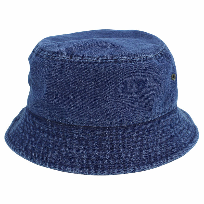 Dark gray denim bucket hat with textured panel under brim and stitched seams