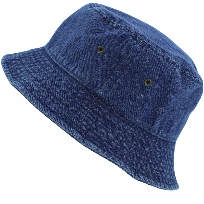 Gray denim bucket hat front view with metal eyelet vents and curved brim