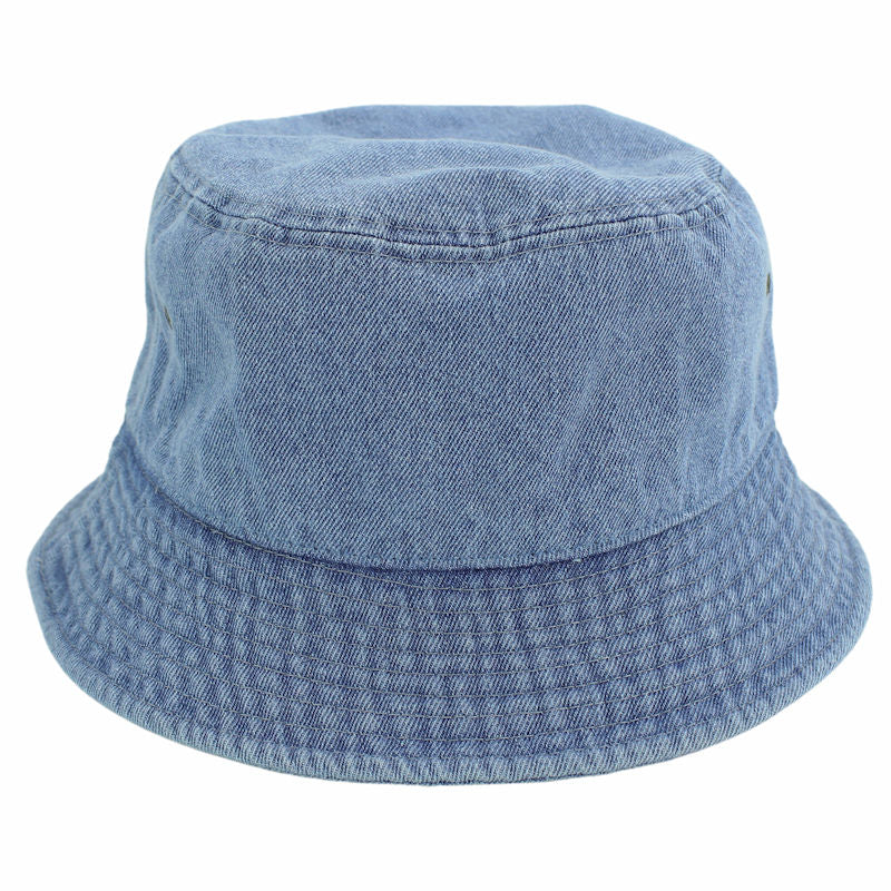Blue denim bucket hat back view with stitched panels and curved brim