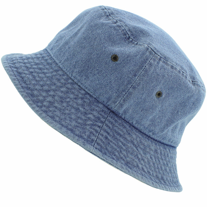 Light blue denim bucket hat side view with seam lines and two eyelet vents
