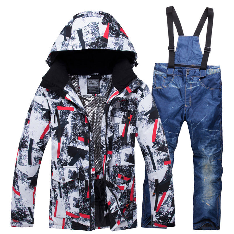 Patterned hooded ski jacket and blue bib overalls, men's and women's waterproof set