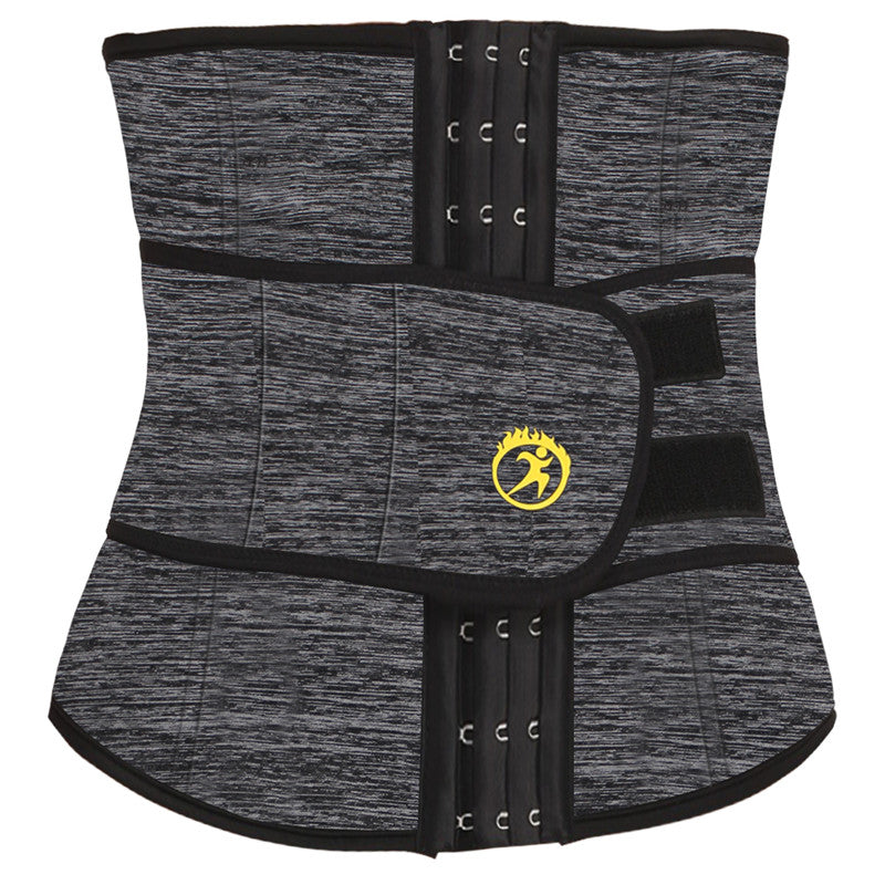 Dark grey fitness waist belt with black hook-and-loop panels and front logo patch
